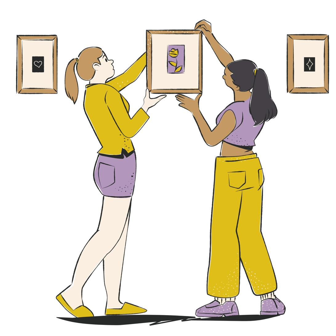 Illustration: zwei Personen hängen gemeinsam einen Bilderrahmen auf